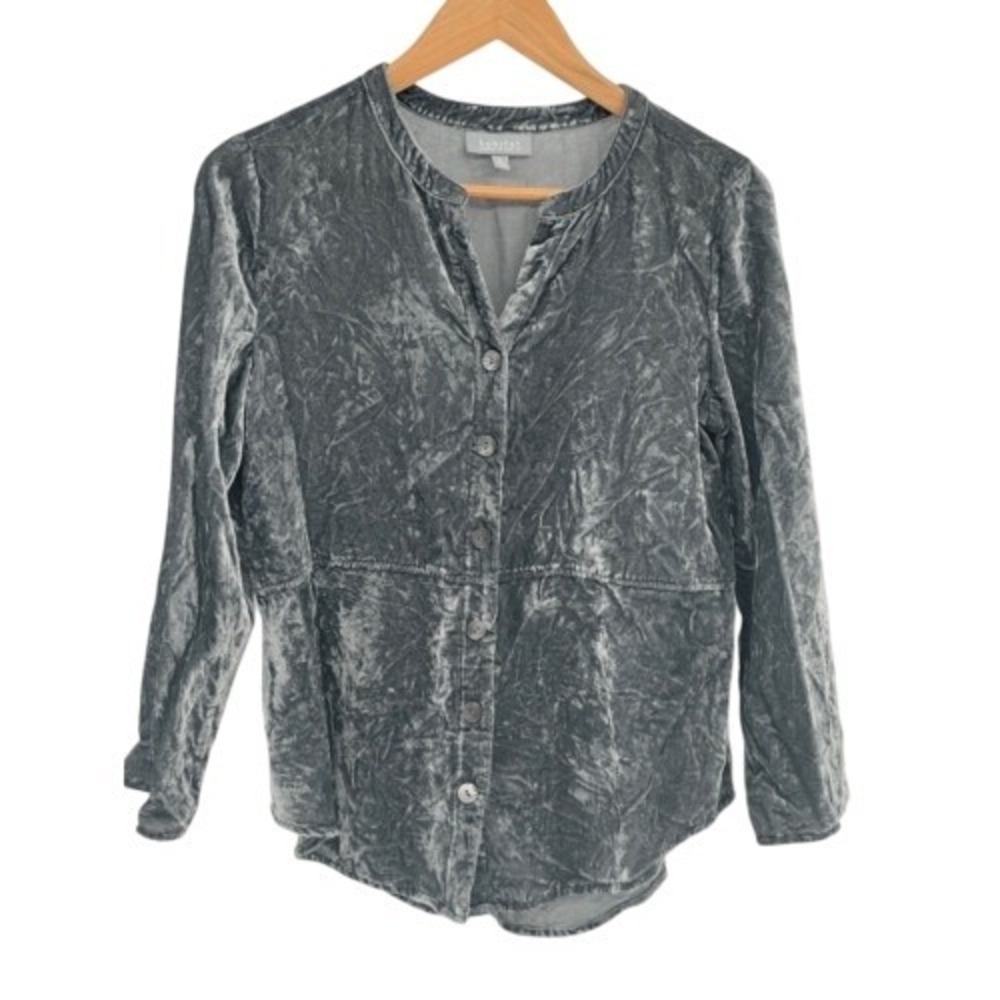 Habitat Button Down Top Women Size Small Green Crushed Velvet Long‎ Sleeve